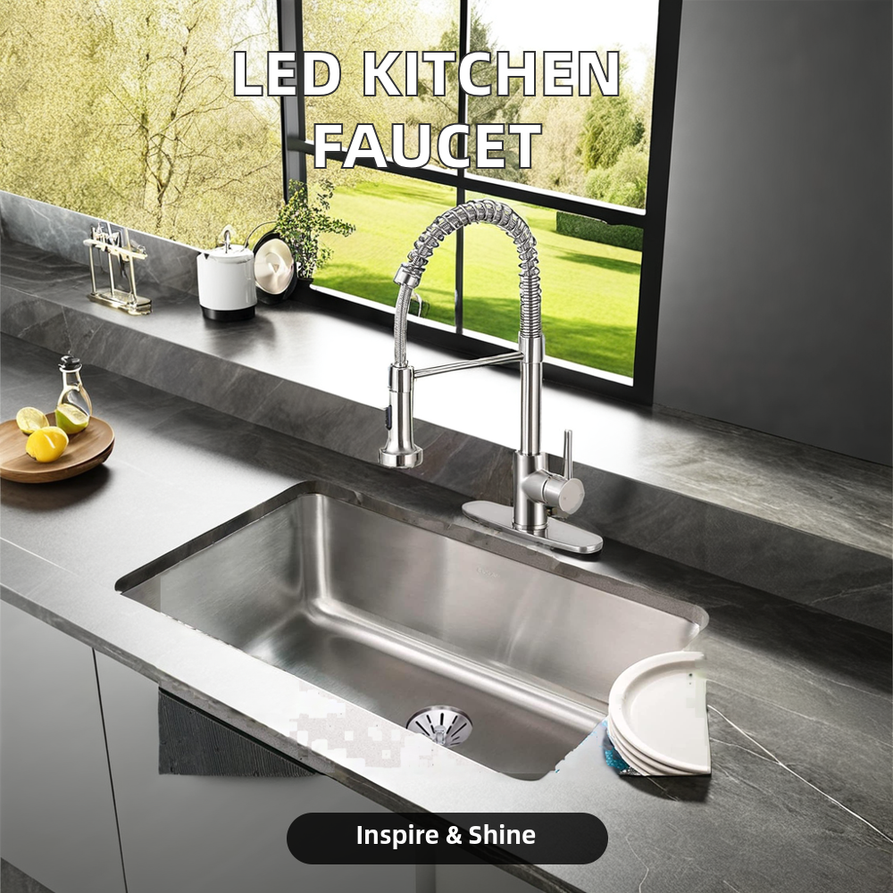 Classic Single Handle Stainless Steel Kitchen Faucet with Ceramic Valve Core and LED Light