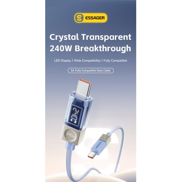 ESSAGER ES-X76 Type C To Type C Fast Charging Cable 240W 100W 5A Digital Display