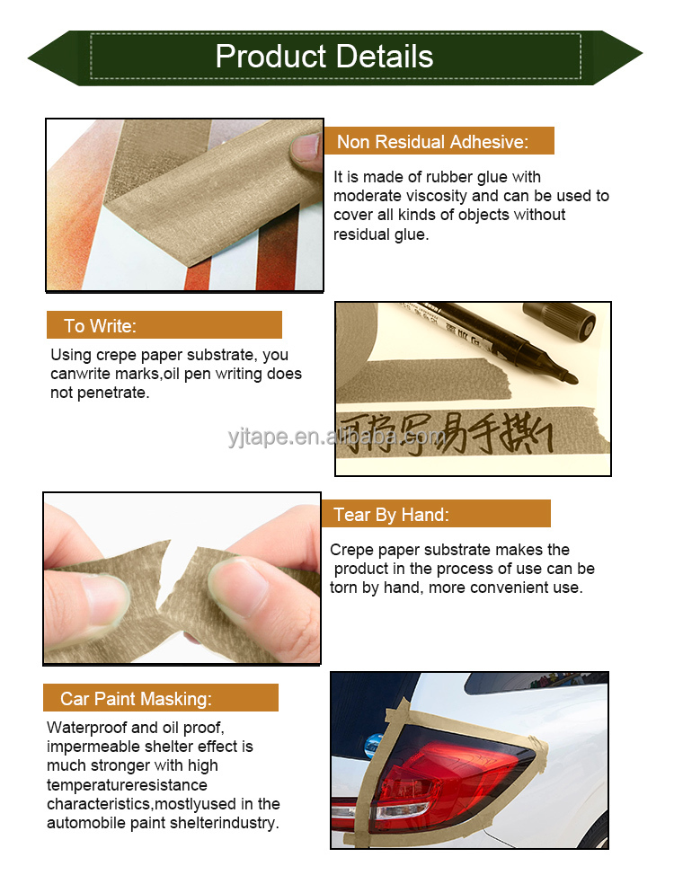 Brown Crepe Paper Sharp Car Painters Masking Tape Custom High Temperature Resistance