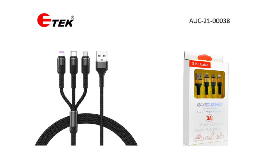 ETEK 3-in-1 Fast Charging Cable,4-Core Pure Copper, LED Indicator, 6 Colors,for travelers, families and offices