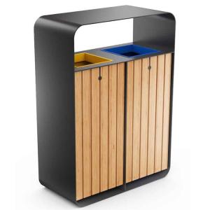 China Contemporary Outdoor Wooden Garbage Bin 2 Compartments Recycling Bin Public Dustbin wholesale