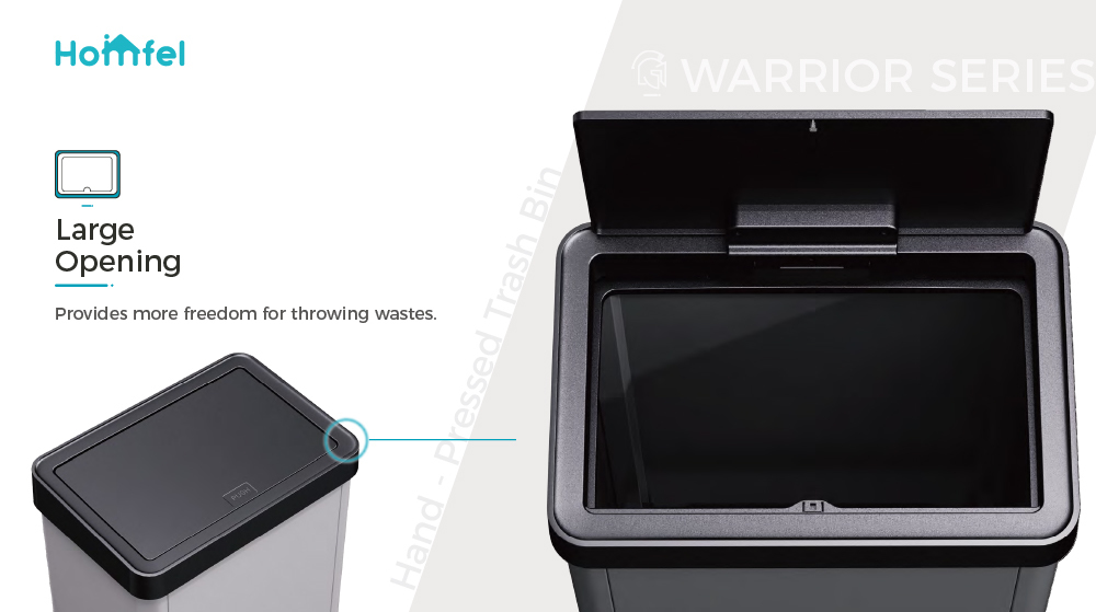 High Capacity Stainless Steel Trash Can 34.2*24.2*57cm Warrior Series 40L with Detachable Hand Press and Rolling Cover