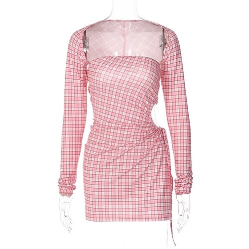 OEM maufactory long -sleeved short skirt side polyester women's pink lattice dress