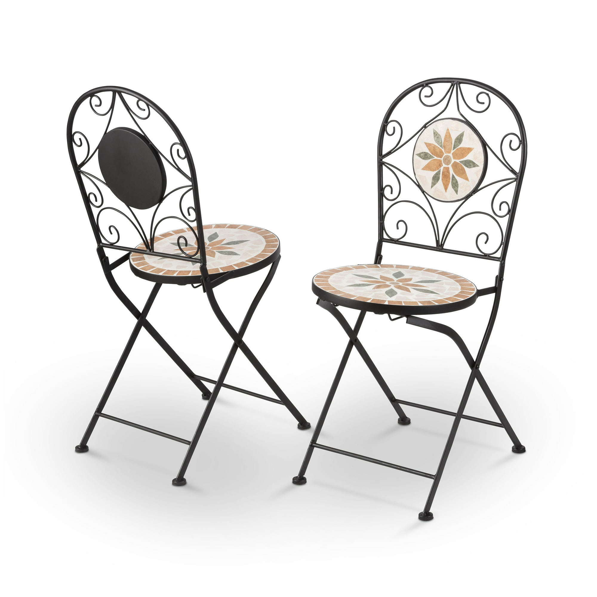 AJUNION 3 Piece Iron Mosaic Tile Patio Bistro Set with Ceramic Table and Folding Chairs