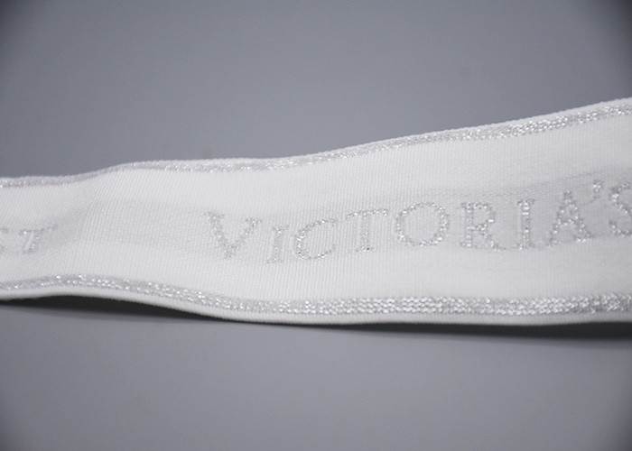 Clothing Customized 35mm White Jacquard Elastic Tape With Shiny Silver Logo
