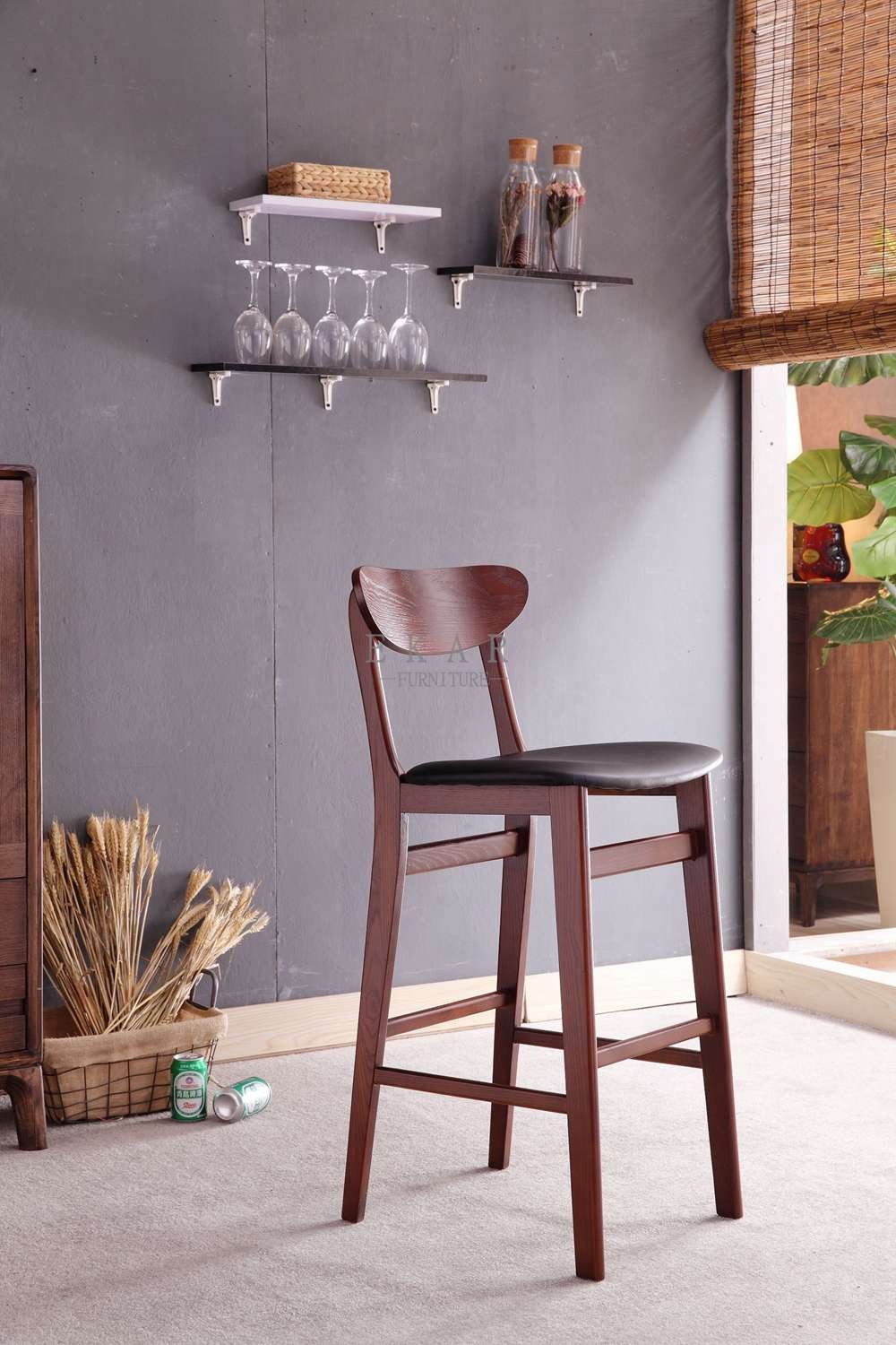 Ash Wood Fabric Modern High Wooden Bar Chair