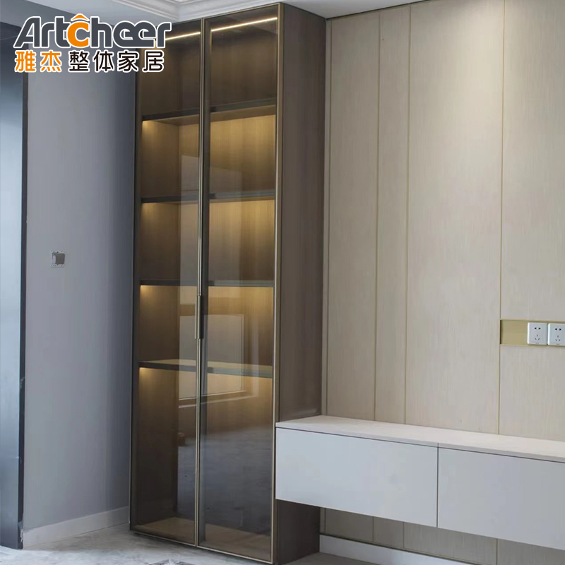 Adjustable TV Wall Cabinet in Modern Scandinavian Style with Glass Door and Wine Rack