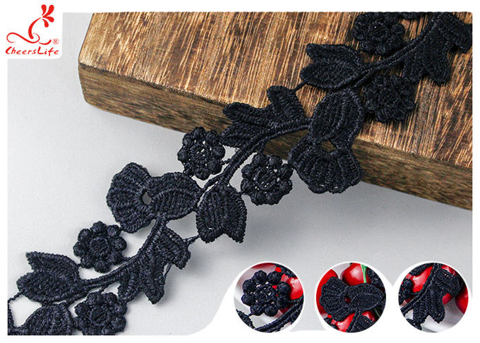 Black Floral Embroidery Edging Lace Trim Via Water Soluble With High Color Fastness Dye