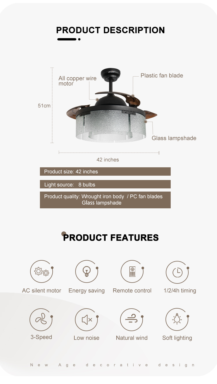 1stshine Plastic Blades Ceiling Fan with Hidden Blades Home Office Cooling Air Light
