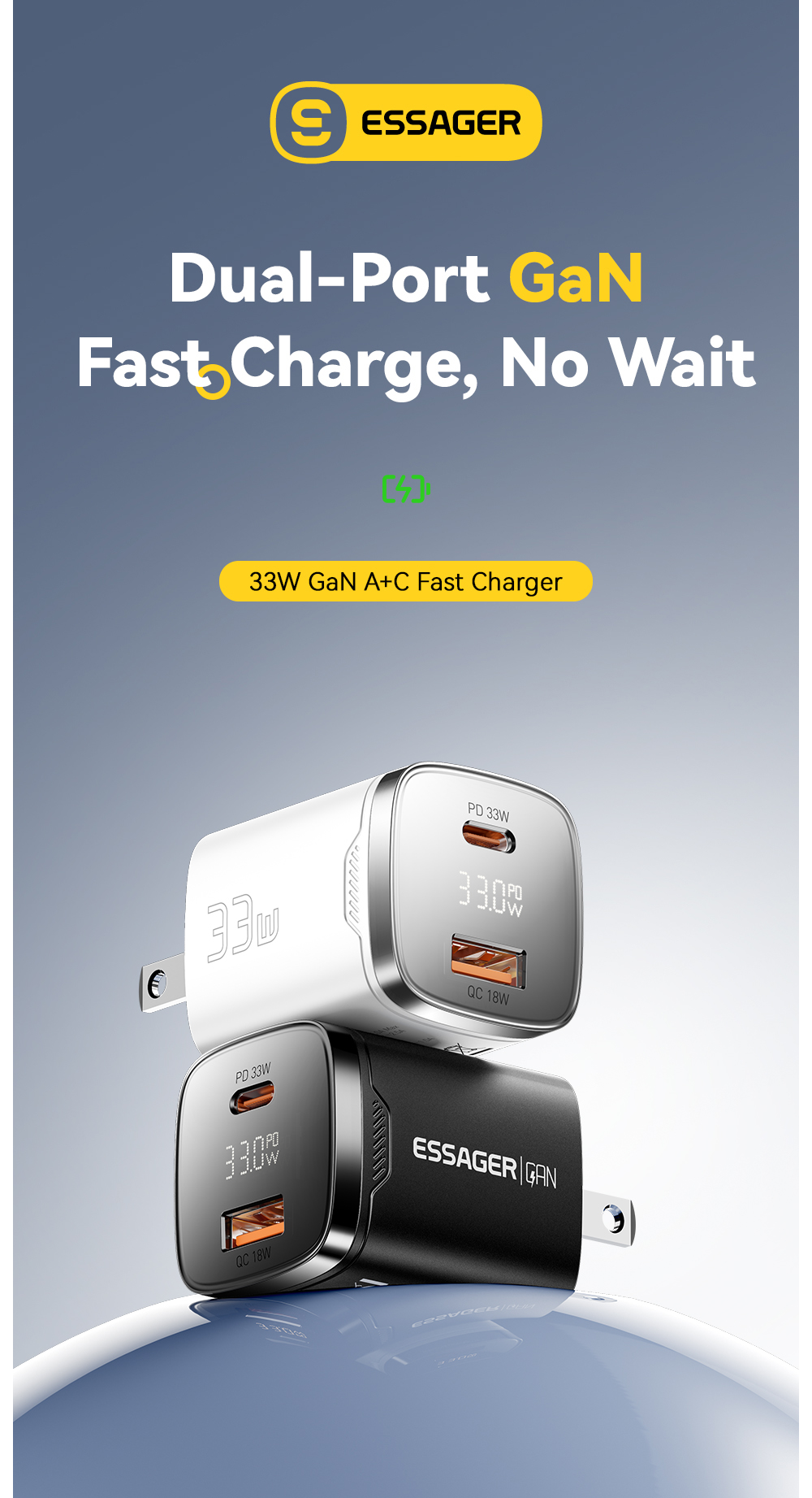 ESSAGER ES-CD45 Series 2 Ports 33W USB-A Wall Charger USB C Fast Charger
