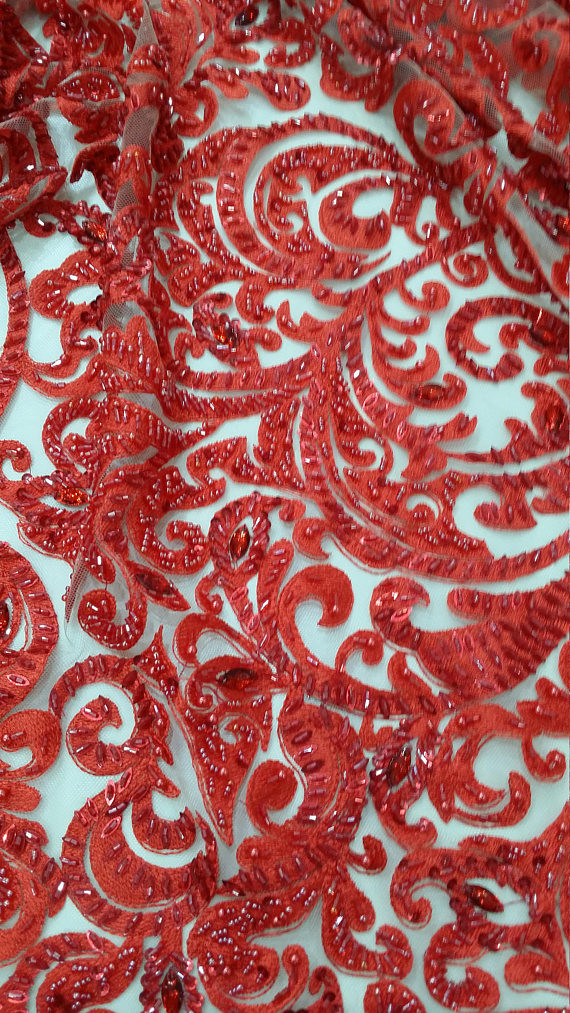 125cm Red Embroidered Beaded Lace Fabric , Beaded Bridal Lace By The Yard