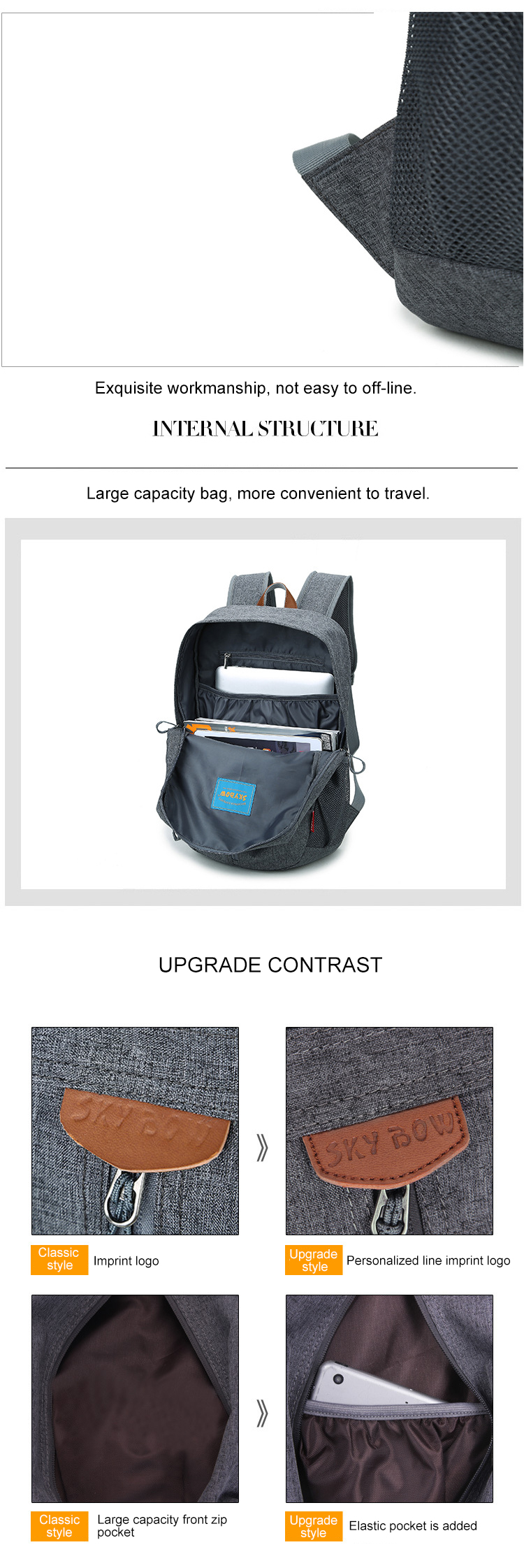 Soft Handle Modern Mens Backpack Waterproof Travel Bags Interior Zipper Pocket