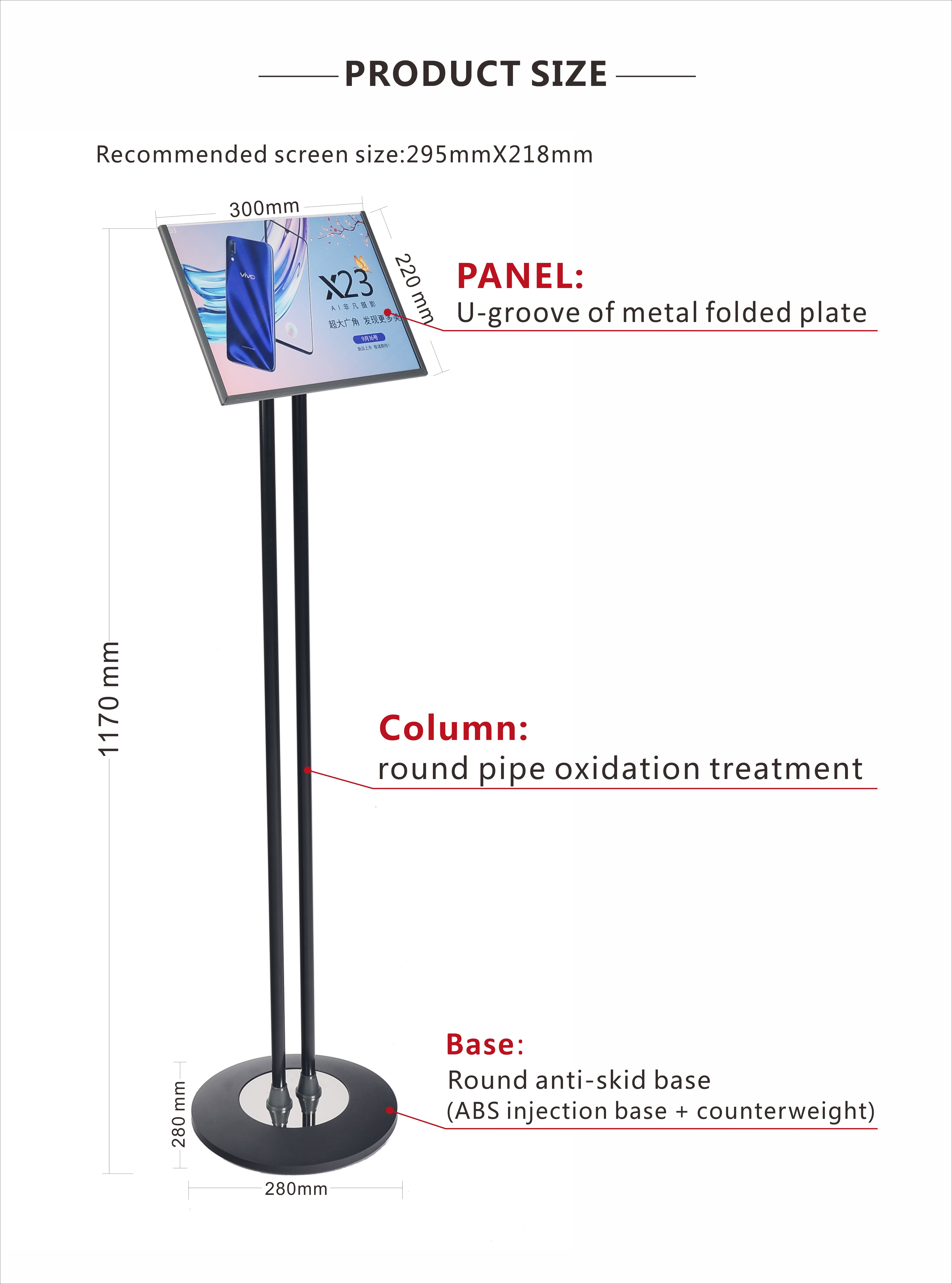 Base 280mm Poster Display Stand Double Pole Frame Angle Adjustable