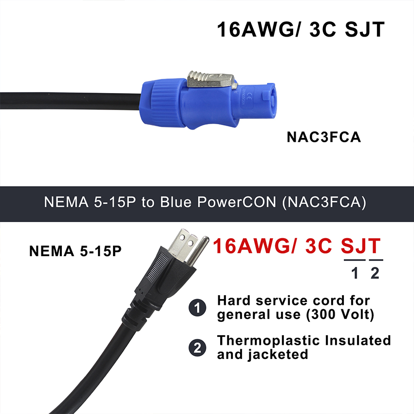 NEMA 5-15P to PowerCon NAC3FCA 15A 125V 14AWG Power Cable