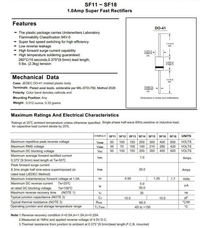 Super Fast Recovery Rectifiers Diode 1A SF11 Thru SF18 Do-41 Package