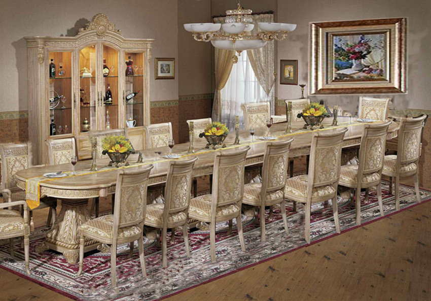 European Luxury Wood Dining Room Sets Round Wood Dining Table Fabric Leather Chairs