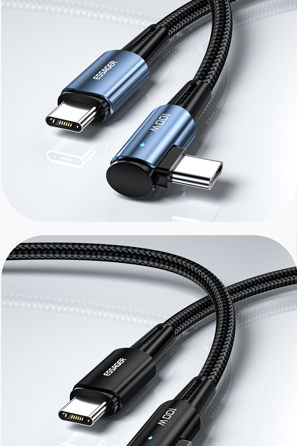 Sunset Bend L Type PD USB C To C Charging Cable Black Blue Color 5A 100W 60W