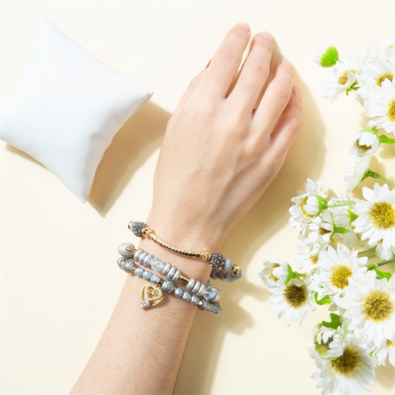 Metallic Silver Round Shape Handmade Beads Bracelets With Love Letter Heart Pendant