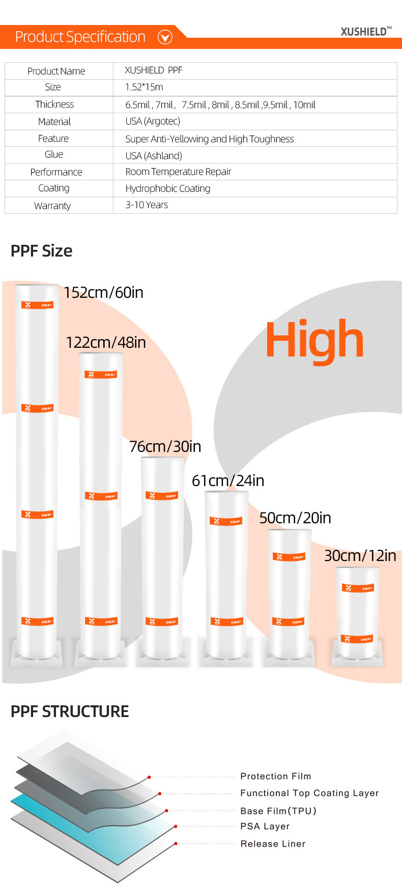 Xushield Ppf film 7.5Mil 6.5 Mil Anti Scratch Heat Repair Clear nano ceramic paint protection film TPU ppf for car