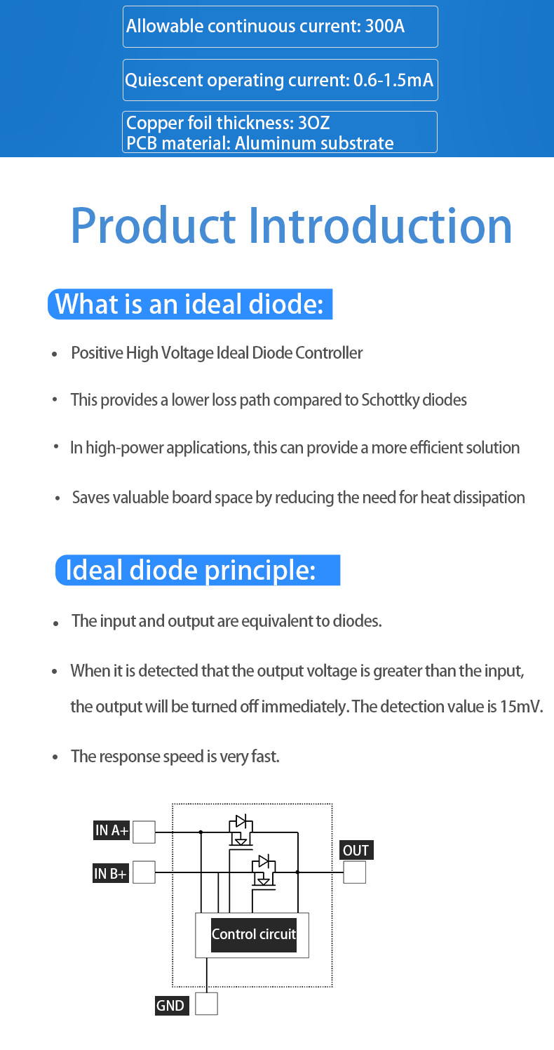 200V 300A Ideal Diode Module For Battery Charging Reverse Current Protection And Solar Anti Backflow Diode