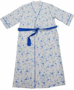 China Ladies Cotton Jersey Blue Floral Printed Bath Robe Kimono Wrap Blue Piping 3/4 Sleeve wholesale