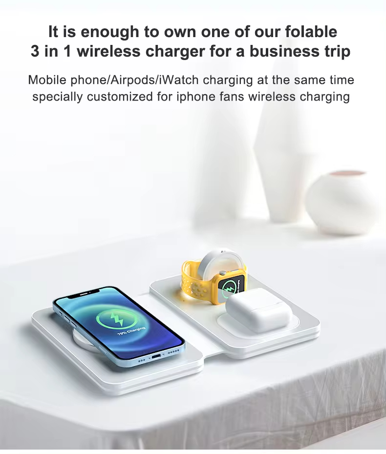 3 in 1 Wireless Charger Pad Magnetic Foldable Charging Station with 5W/3W/15W max Output