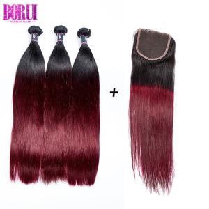 China Virgin Natural Burgundy Hair 3 Bundles With 4*4 Lace Closure , Straight Hair Bundles With Closure wholesale