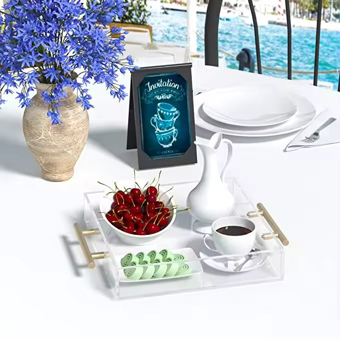Custom Blue Acrylic Serving Tray Lucite Fruit Tray Modern Style Polished Rectangular