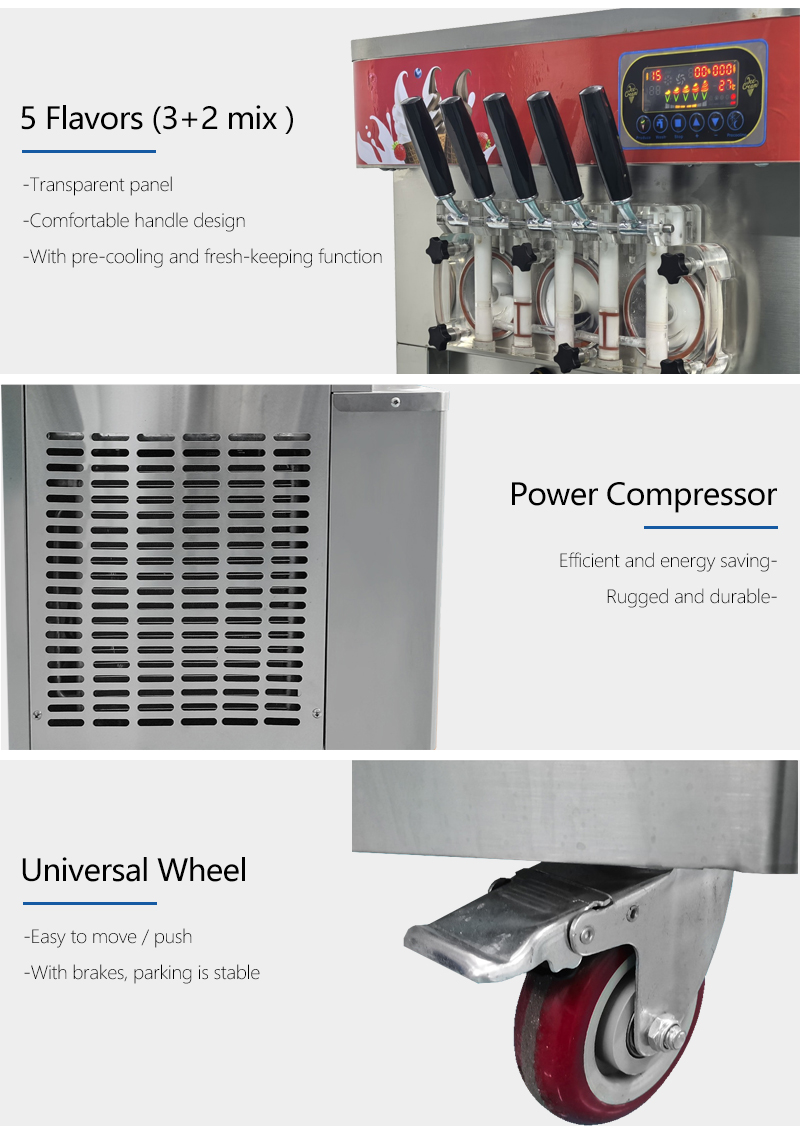 High Capacity Soft Serve Icecream Machine 5 Flavors Automatic Ice Cream Maker for Business Material Cylinder Capacity 7LX3 1.8LX3