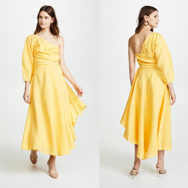 Fashion Asymmetrical Clothing One Shoulder With Long Sleeve Woman Maxi Dress