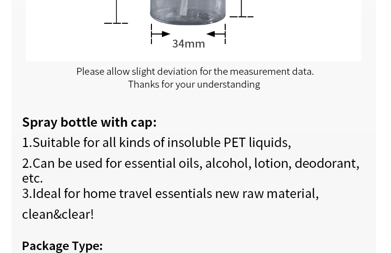 Recyclable 40ml Alcohol Transparent PET Spray Bottle 73*34mm