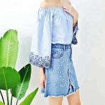 Fashionable Floral Off Shoulder Ladies Denim Top , Off Crop Sexy Denim Blouse