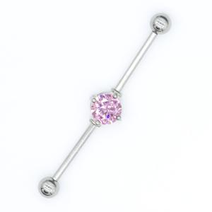 China Pink Zircon Stone Industrial Bar Jewelry 40mm Surgical Steel Piercings wholesale