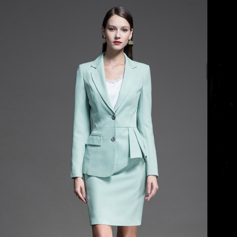 2021 Fashion Women's Slim Formal Office Skirt Suit with V-neck Collar and Full Sleeves