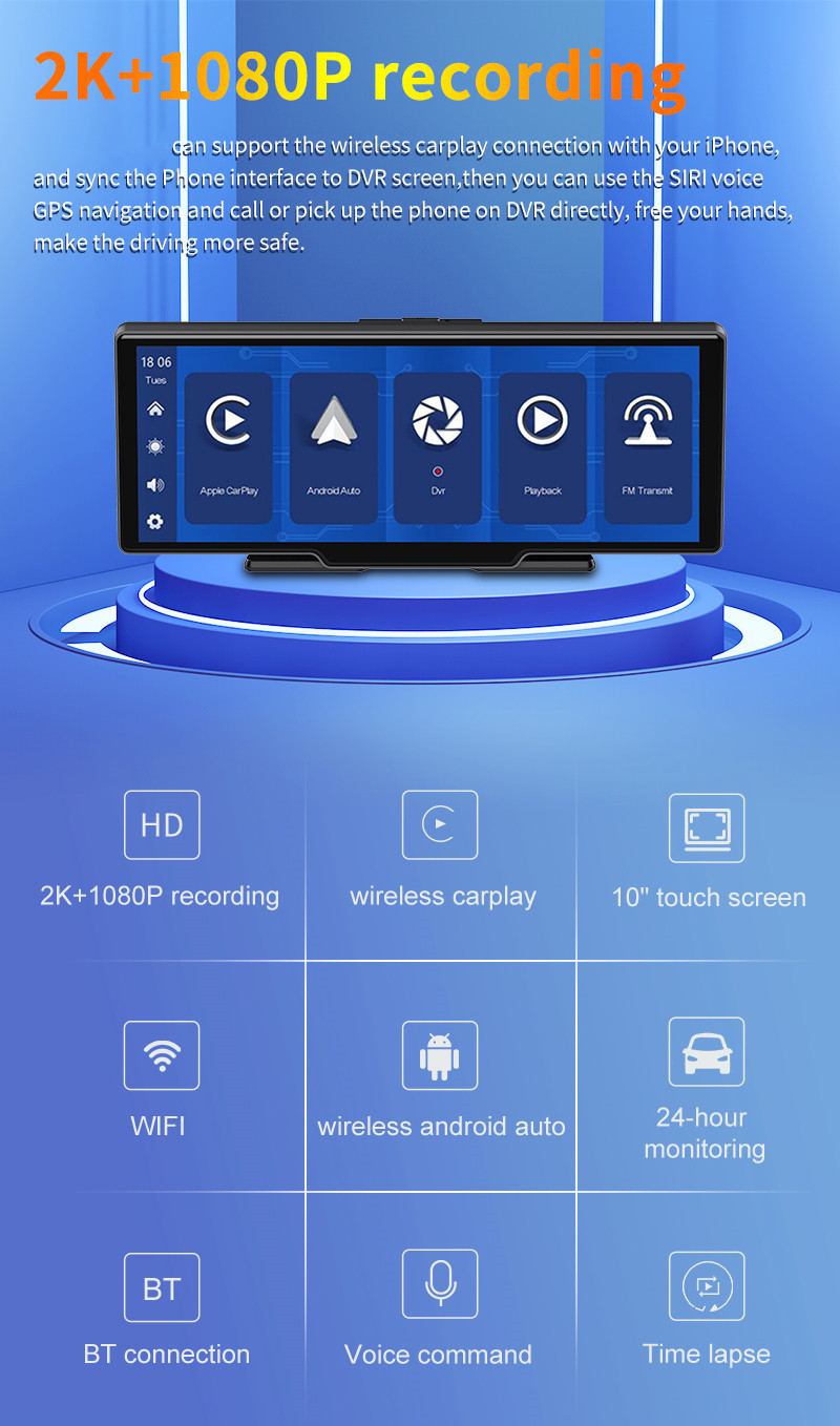 Dual Lens HD1080P Android Mp5 Carplay Dvd Player 10in Touch Screen 2.5K