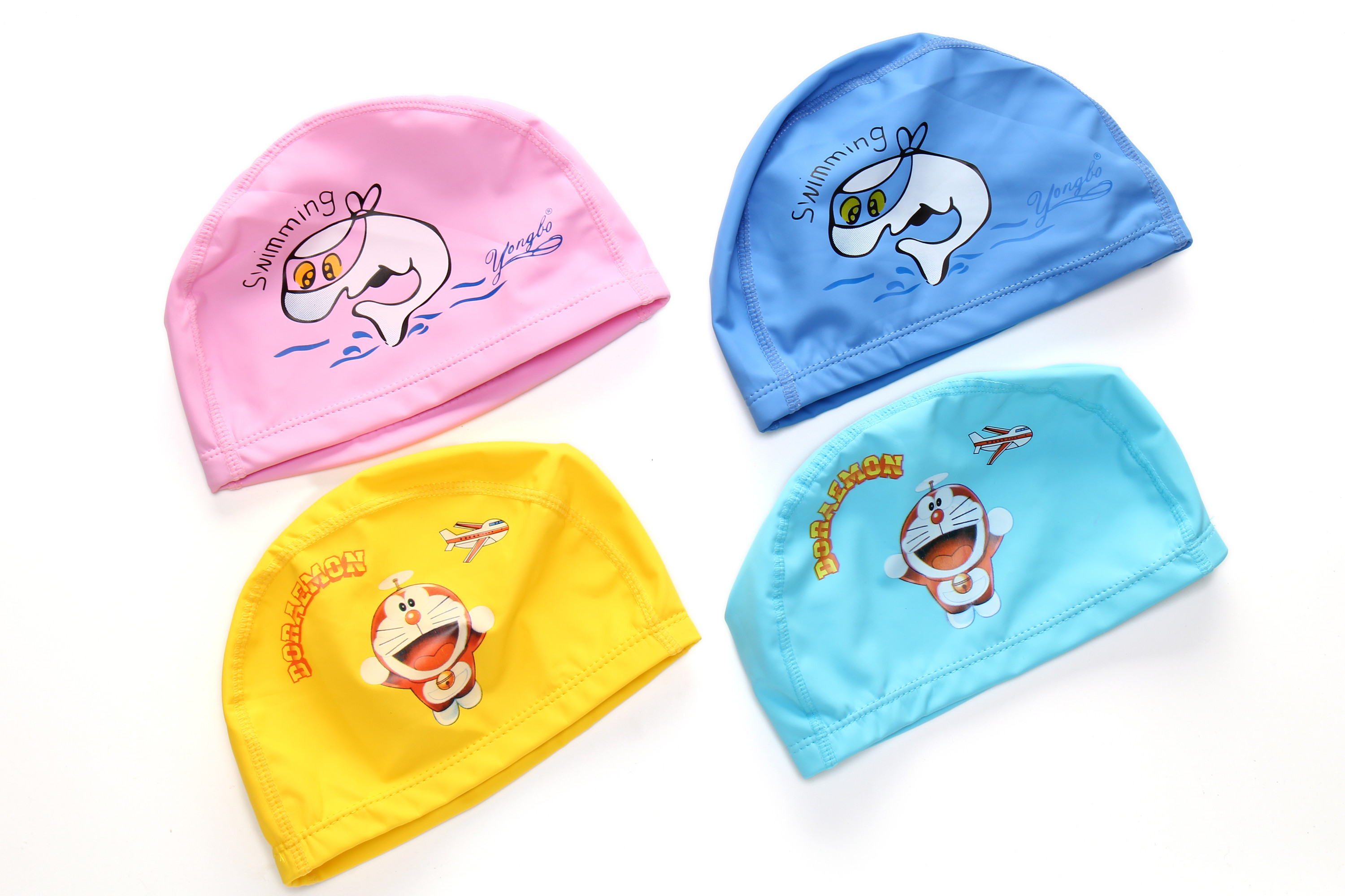 Cartoon dolphin waterproof PU long hair fabric ear protection kids swimming pool water sport swimming cap hat for boys