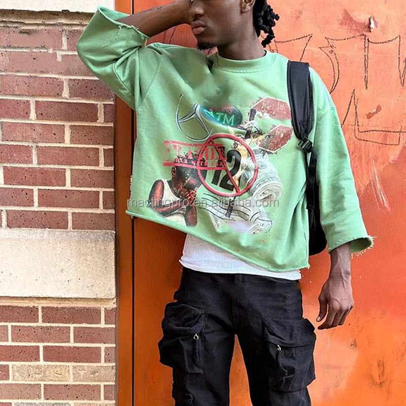 Printed Cropped Mens T Shirt Colorful 100% Cotton Heavyweight Printed Graphic 3/4 Sleeve