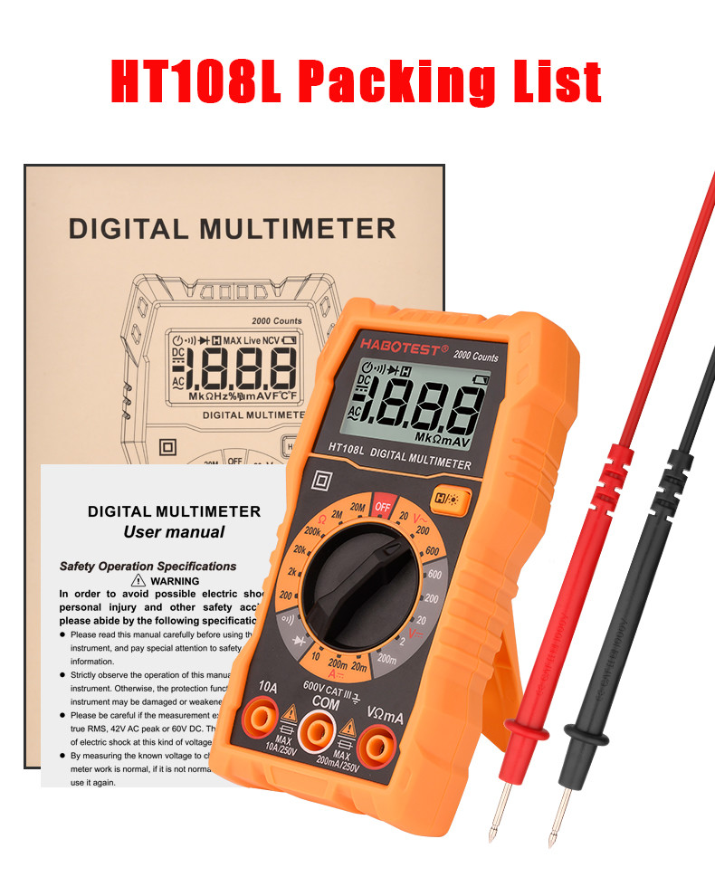 200mA 600 Volt True RMS DMM , 2000 Counts AV DC Voltage Tester