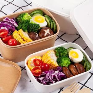 China 20oz Hot Selling Biodegradable Square Rectangle Box Kraft Paper Fast Food Salad Square Bowl wholesale