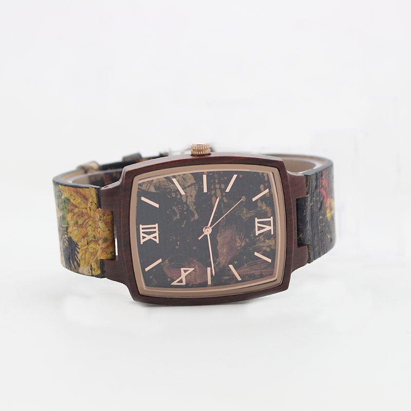 Square Mens Black Leather Watch Eco Friendly Cork Band No Harm To Skin