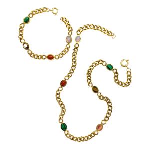 China stainless steel Jewelry Set colorful Oval stone Bracelet Necklace for Women wholesale