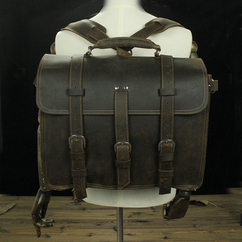 Large Big Retro Cover Mens Black Genuine Leather Backpack Purses
