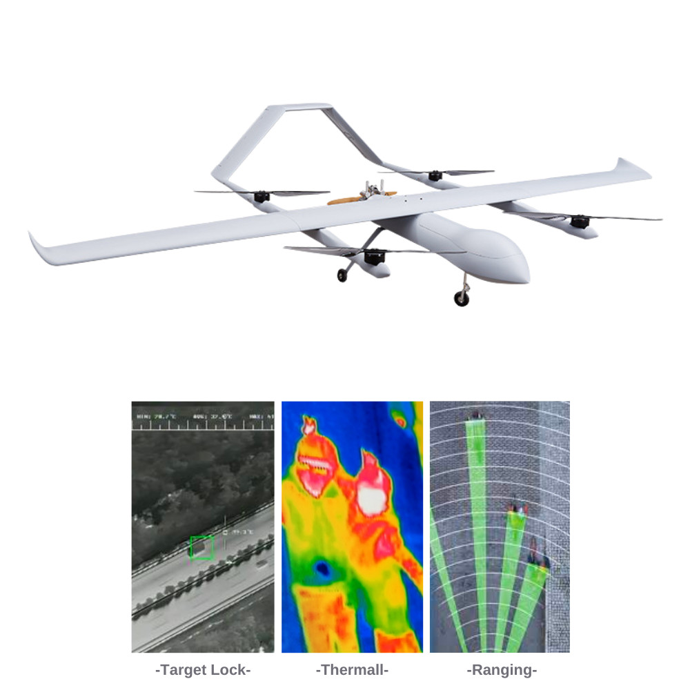 6/12/24 Hours Oil Electric Hybrid VTOL Fixed Wing Security UAV With Thermal Camera Pod HX4HFW460