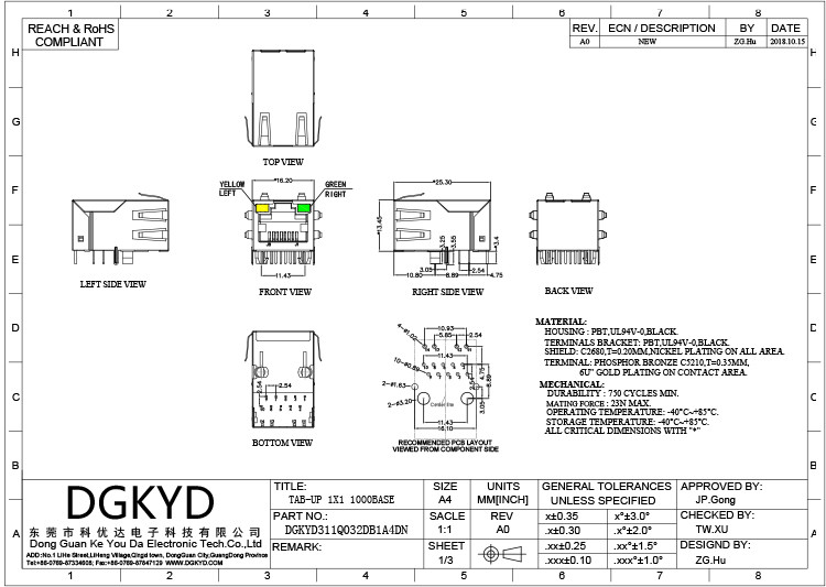 DGKYD311Q032DB1A4DN Tab Up 1000 Base-T 8P10C Ethernet Modules Integrated Magnetic