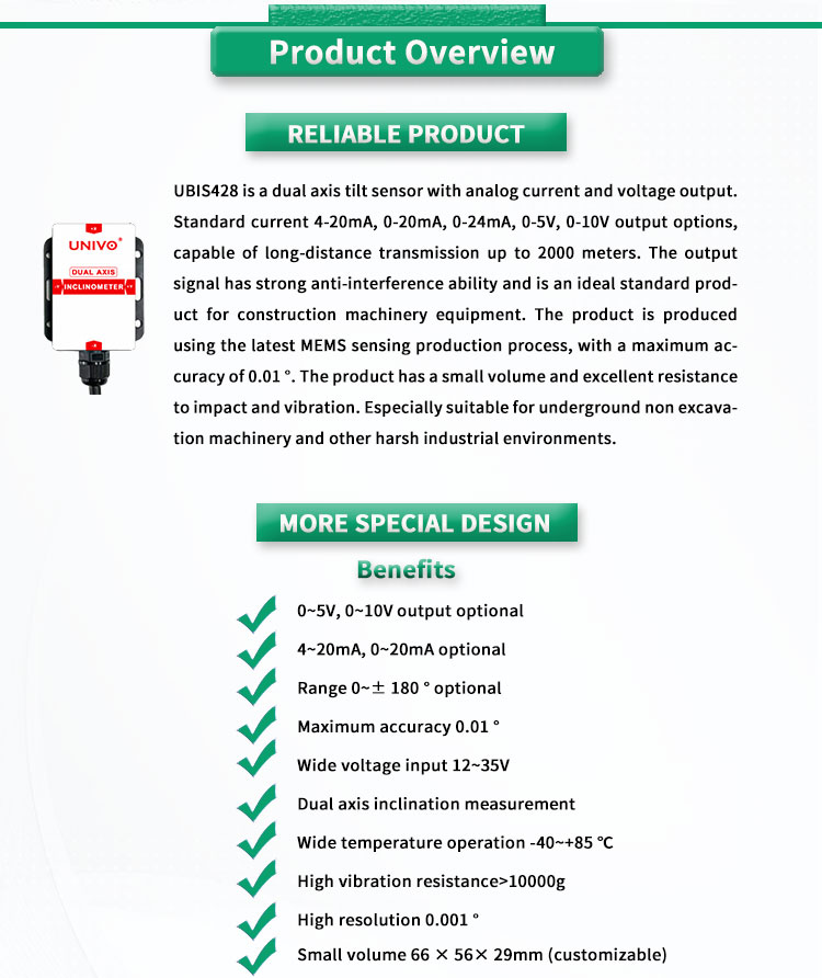 X-Y Measurement UBIS-428Y Dual Axis Inclinometer for High Precision Angle Measurement