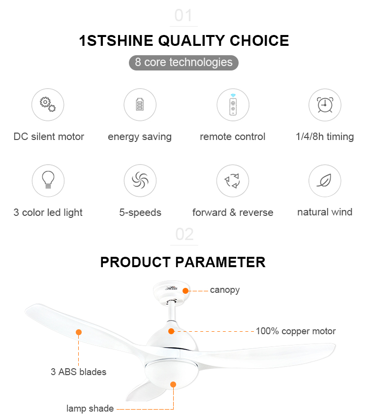 CCC Certified 1stshine White 220V DC Motor 5 Speeds Remote Control LED Ceiling Fan for Home Office