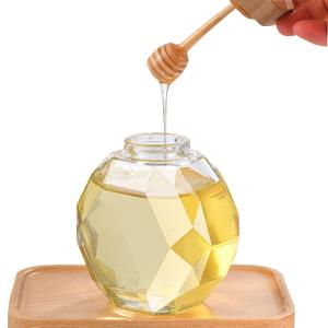 China H11.7cm Diamond Shape Honey Jar 500ml Amber Glass Jar Wooden Lid wholesale
