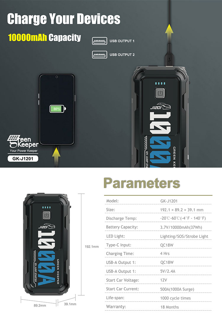 High Capacity 12V 1000A Portable Jump Starter Power Bank for Car Battery Booster