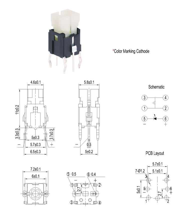 6x6 Height 11mm DIP PCB Terminal Push Button Illuminated Tact Switch
