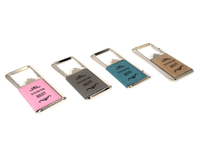 Laser Logo Metal Bottle Opener PU Leather Zinc Alloy Rectangle
